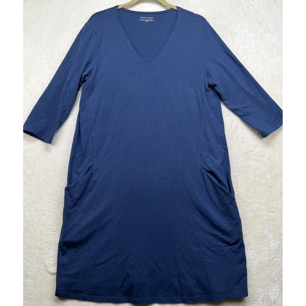 Eileen Fisher Dress Womens M Blue V Neck Jersey‎ Knit Pocket Midi Minimalist